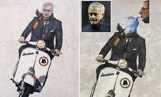 Murales de Mourinho pintados con garabatos de Surrey cubriendo la cara de José Mourinho con un soplo de humo
